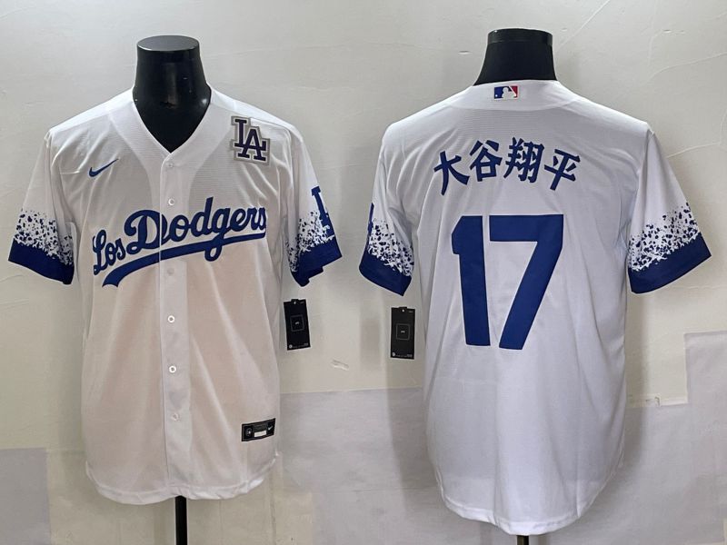 Men Los Angeles Dodgers #17 Ohtani White blue City Edition Nike MLB Jersey style 7->los angeles dodgers->MLB Jersey